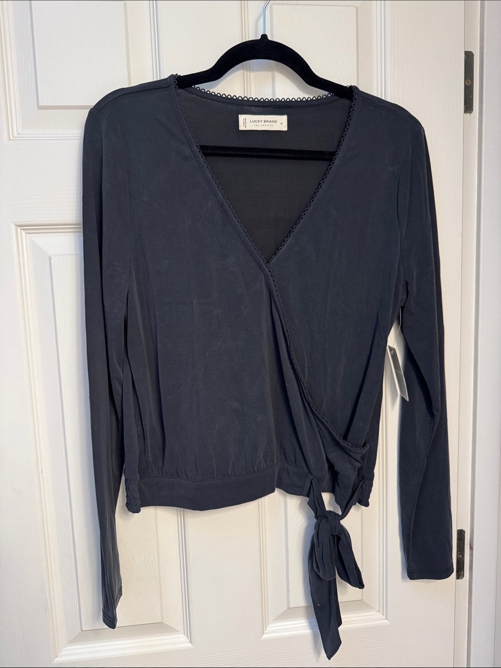 Lucky Brand Women's Dark Charcoal Wrap Blouse with Side Tie
